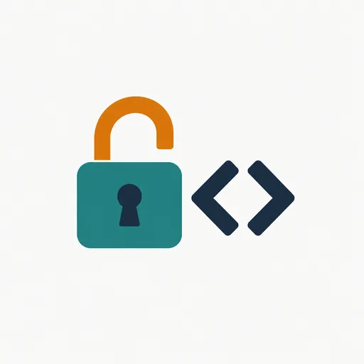 An open padlock beside a code symbol.