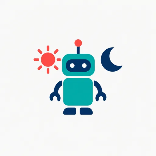 A small robot beside a sun and moon.
