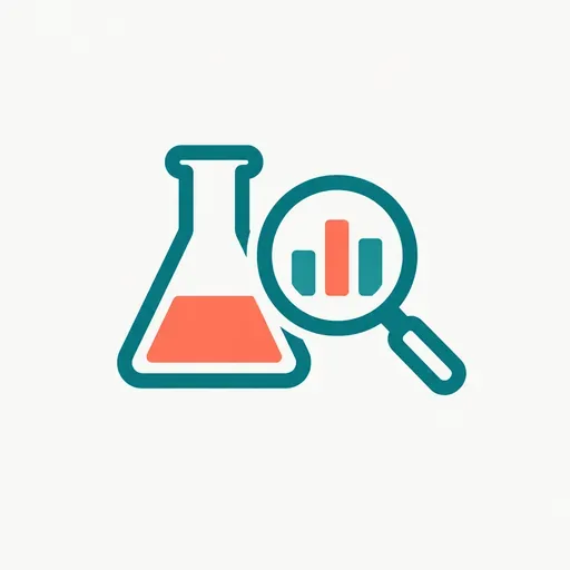 A lab flask beside a magnifying glass over a bar chart: an internal research task.