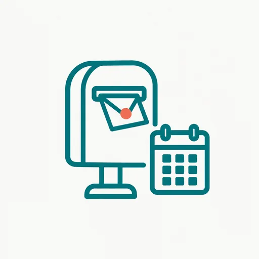 An envelope dropping into a public mailbox beside a calendar: a late notification to a general inbox.