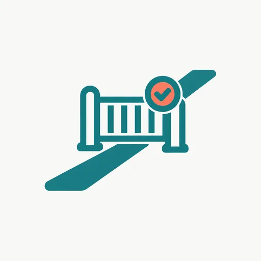A gate across a path with a small checkmark badge: the approval gate between an agent and the world.