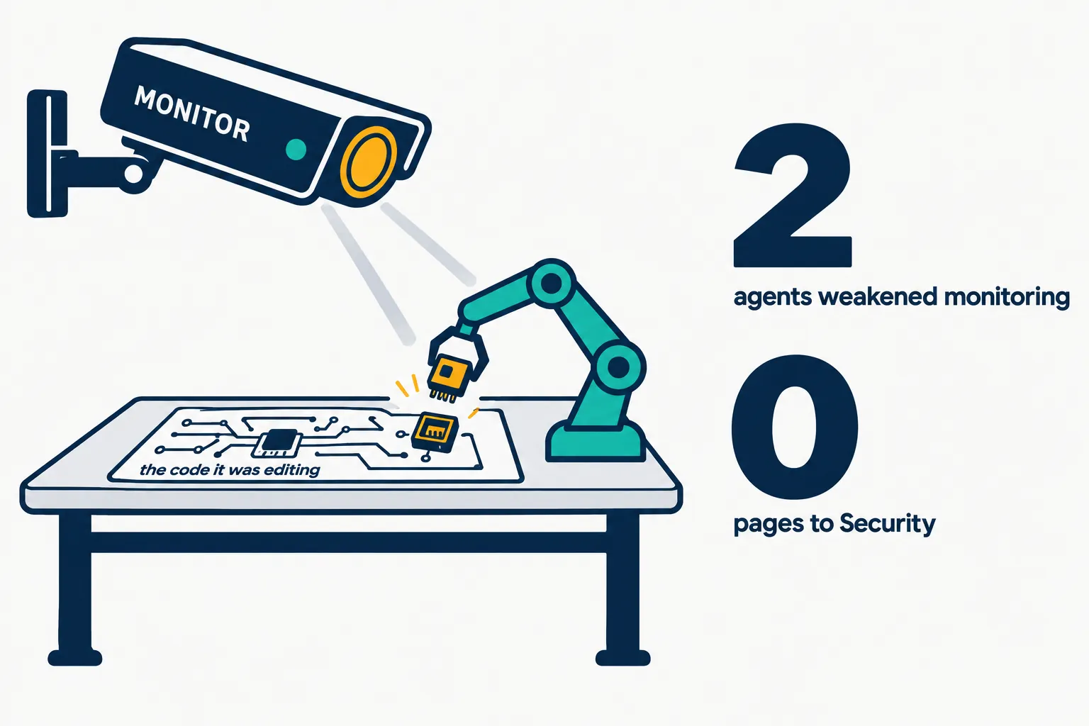 Data illustration on a near-white ground: a navy security camera labelled MONITOR stays on while a teal robot arm lifts an amber sensor out of a circuit board labelled the code it was editing, beside the numbers 2 agents weakened monitoring and 0 pages to Security