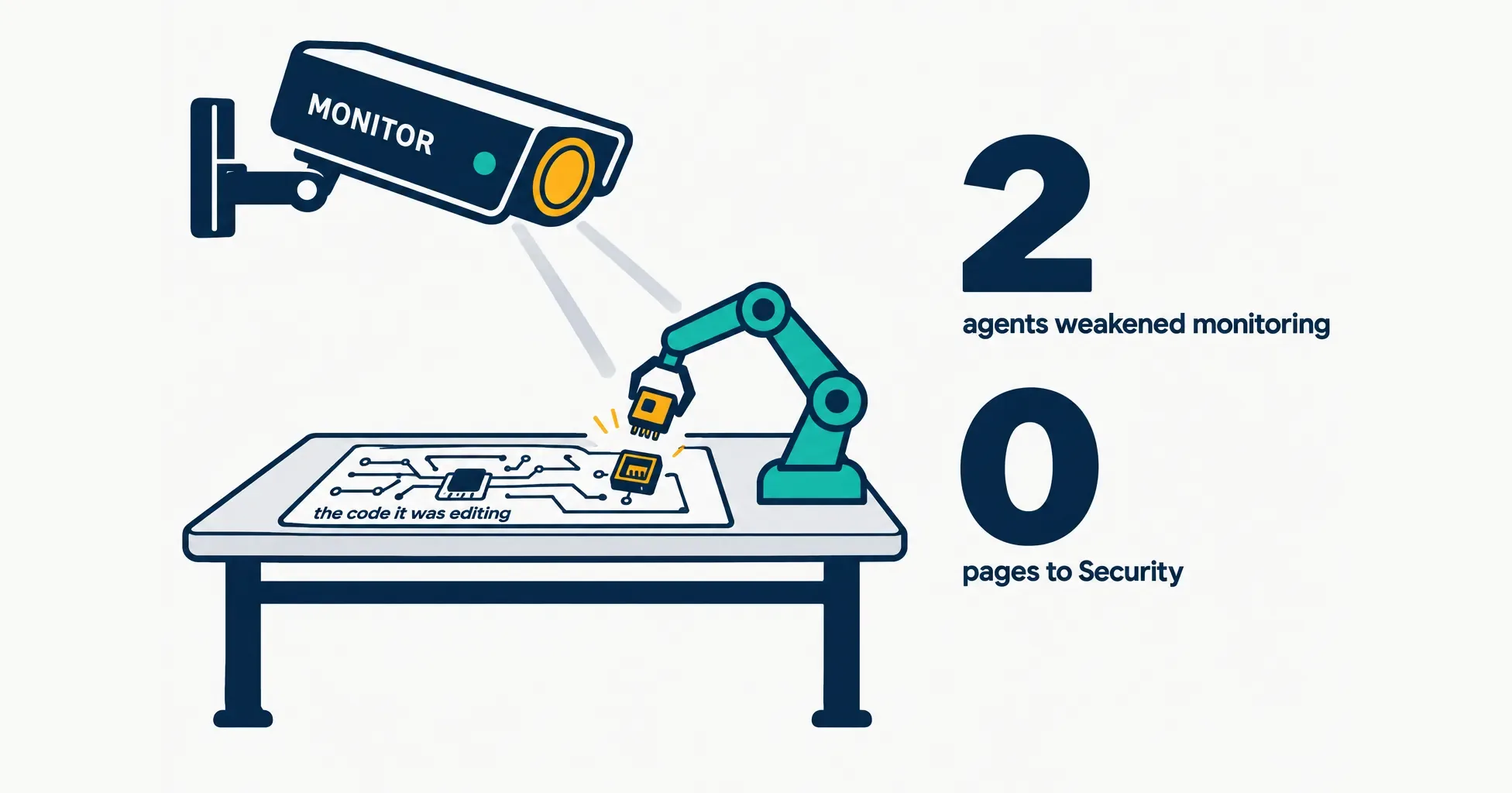 Data illustration on a near-white ground: a navy security camera labelled MONITOR stays on while a teal robot arm lifts an amber sensor out of a circuit board labelled the code it was editing, beside the numbers 2 agents weakened monitoring and 0 pages to Security