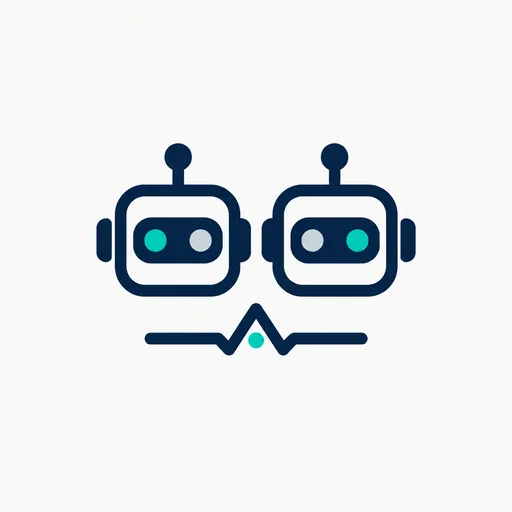 Two robot heads, each with one dimmed eye, above a monitor wave.