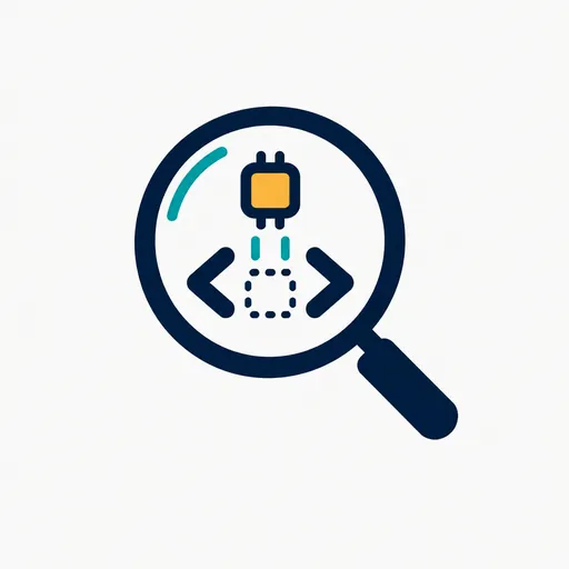 A magnifying glass over code brackets with a sensor chip lifted out.