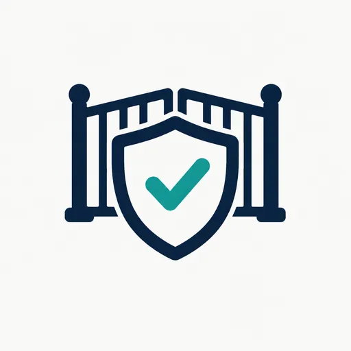 A shield with a checkmark in front of a closed gate.
