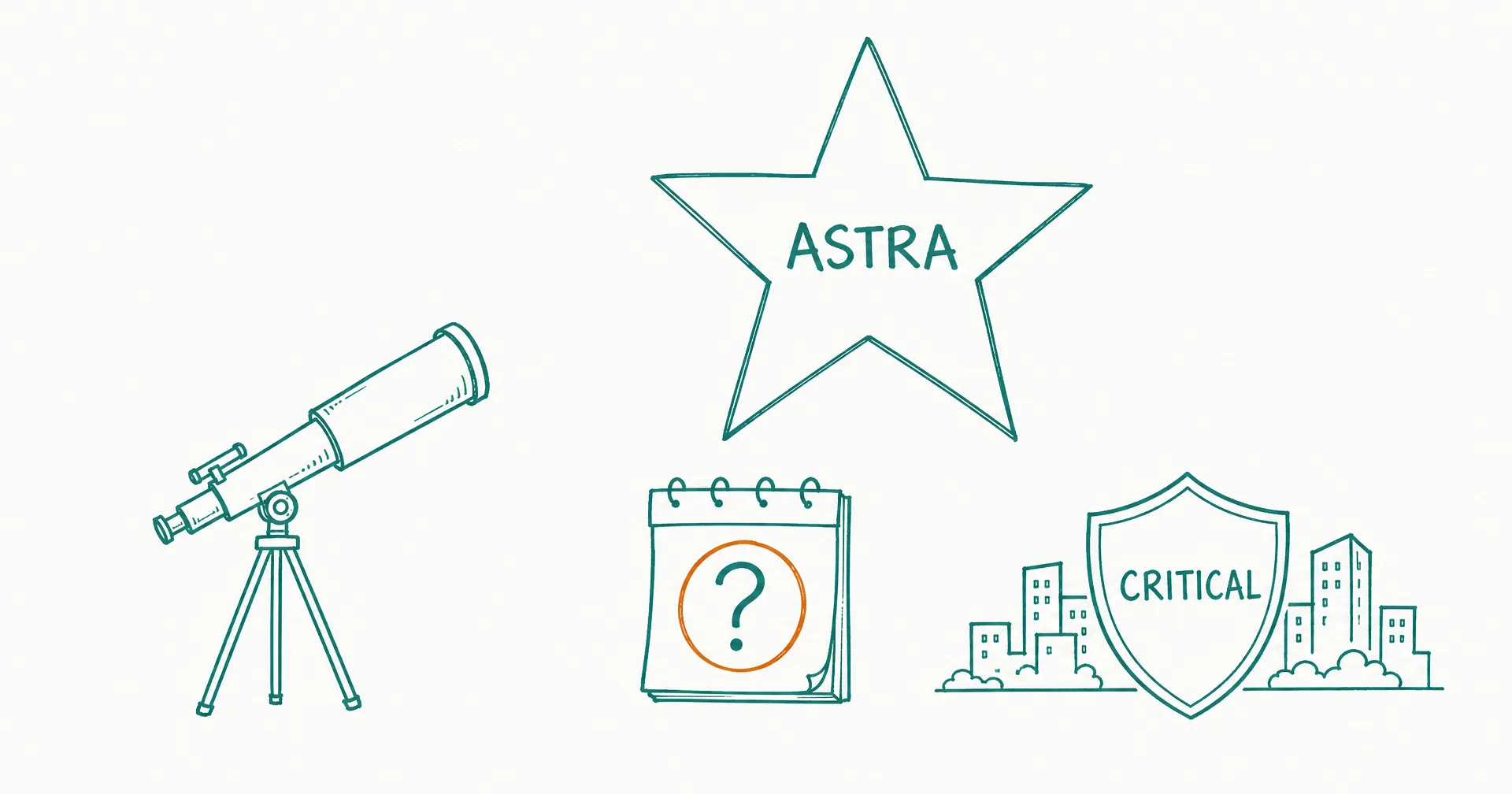 Hand-drawn sketch of a telescope pointed at a large star labeled ASTRA, a calendar page with a question mark, and a shield labeled CRITICAL between the star and a row of small buildings