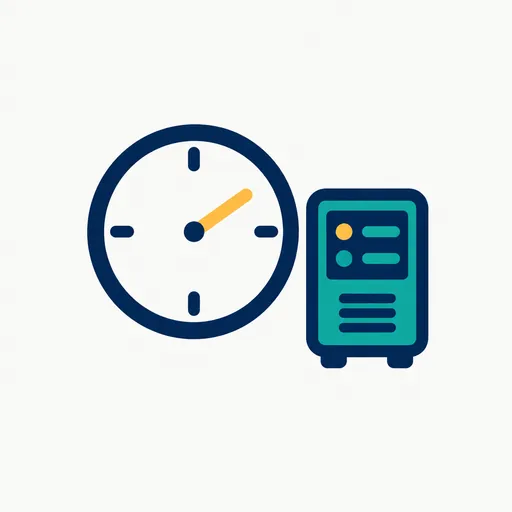 A clock with an amber hand next to a small server.