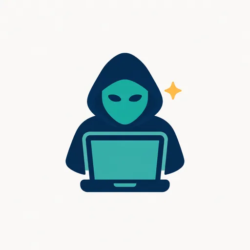 A hooded figure behind a laptop with an amber spark.