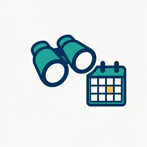 Binoculars pointed at a calendar with one amber day.