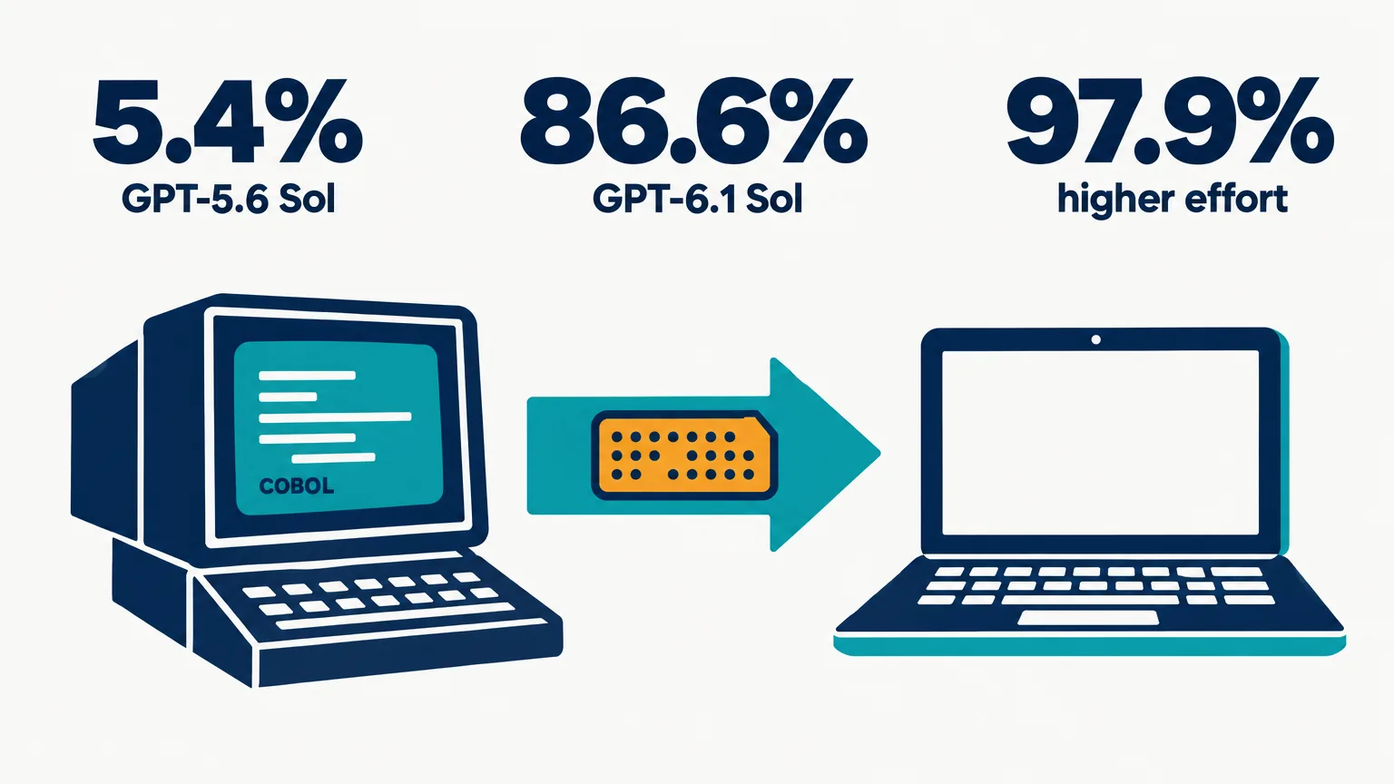 Data illustration on a near-white ground: an old green-screen terminal labeled COBOL beside a modern laptop, an arrow carrying a punch card between them, and three huge figures across the top: 5.4% then, 86.6% now, 97.9% at high effort