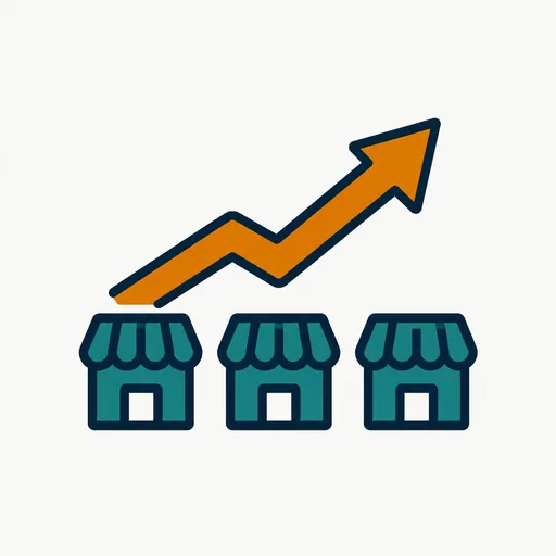 Three small shops with a rising arrow: small-business growth.
