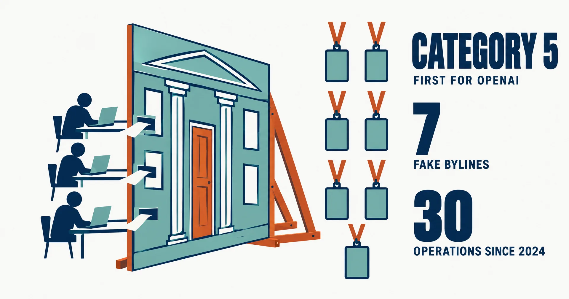 Editorial illustration on a near-white ground: a painted think-tank facade propped up from behind by orange wooden braces while figures at laptops feed paper through its mail slots, seven blank press badges on lanyards beside it, and the figures Category 5 first for OpenAI, 7 fake bylines and 30 operations since 2024