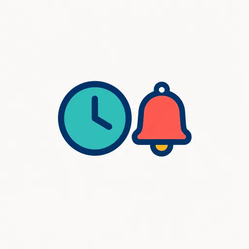 A clock beside a red alarm bell.