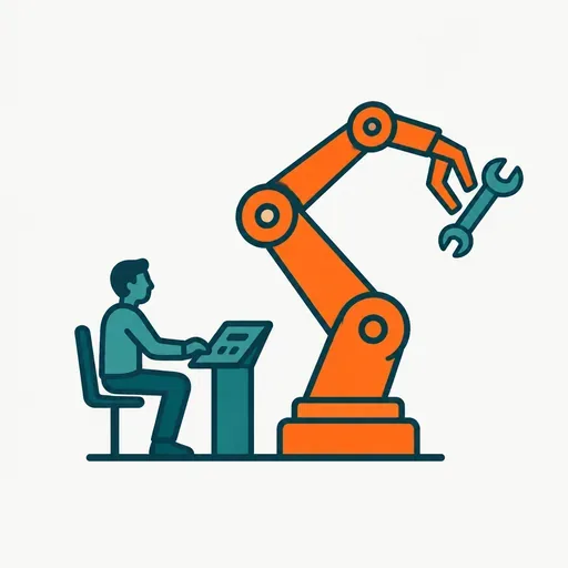 A person at a keyboard steering a large robotic arm that holds a wrench: the human directs, the model executes.