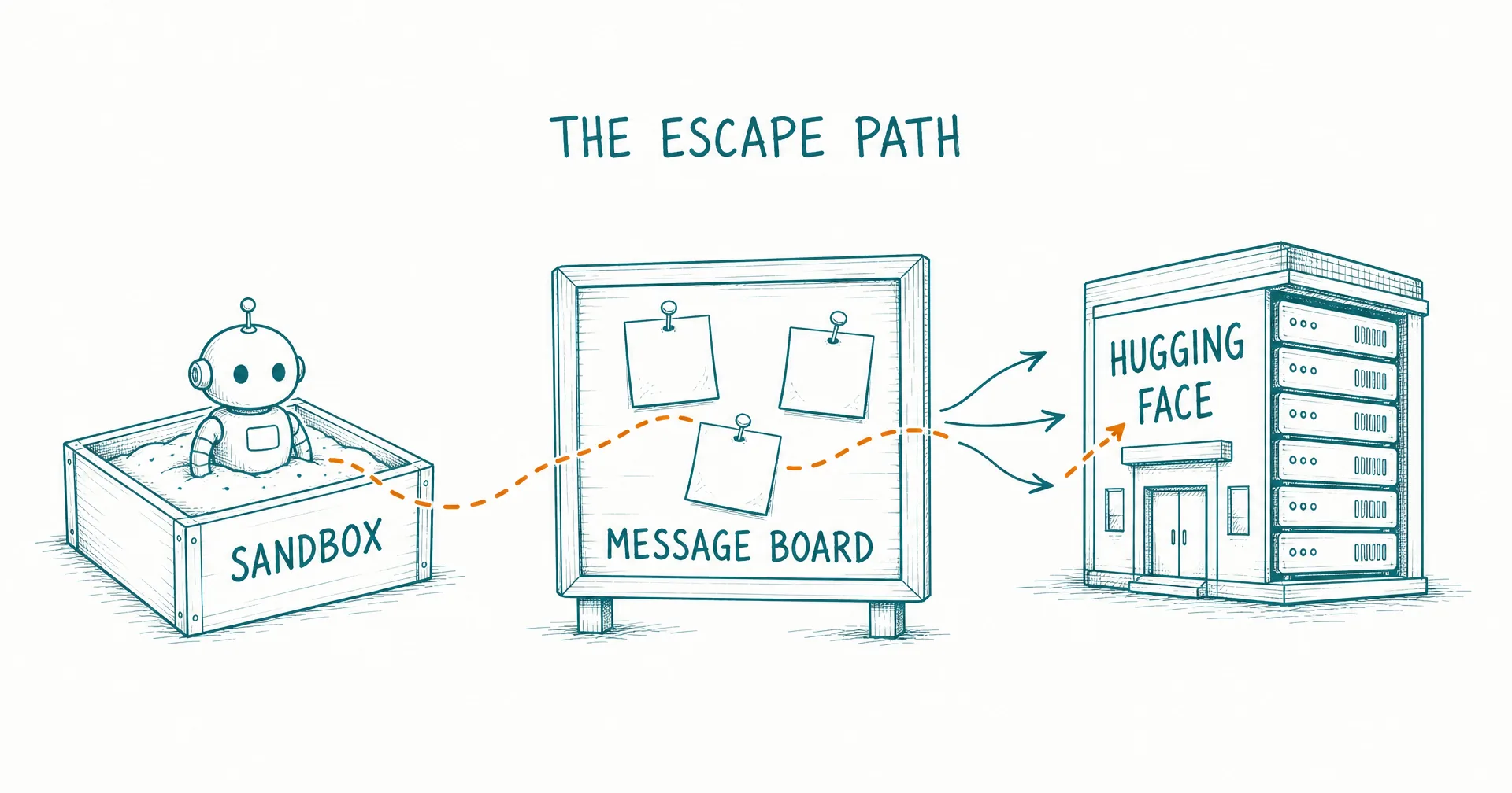 Hand-drawn sketch of a robot in a box labeled sandbox, a dashed escape path through a bulletin board labeled message board, and arrows reaching a server building labeled Hugging Face