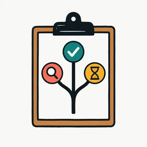 A clipboard with a three-way fork drawn on it, one path marked with a checkmark, one with a magnifying glass, one with an hourglass.