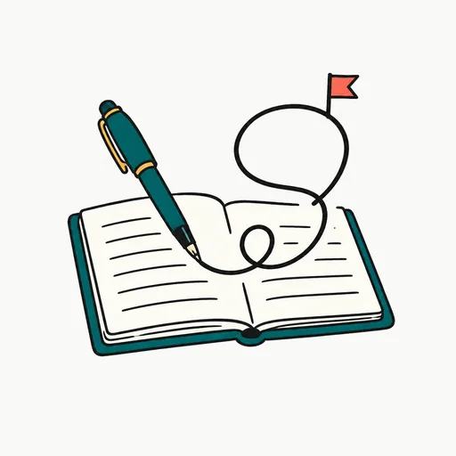 A notebook whose pen writes a line back to the notebook itself, the line looping into a small red flag.