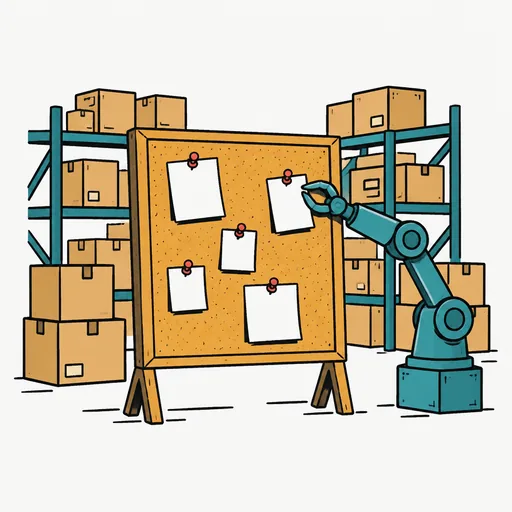 A cork bulletin board with pinned notes inside a warehouse of stacked boxes, one note being read by a robot arm.
