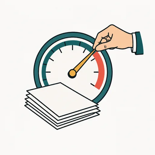 A speedometer needle pulled back from the red zone by a small hand, a stack of reports on the dial.