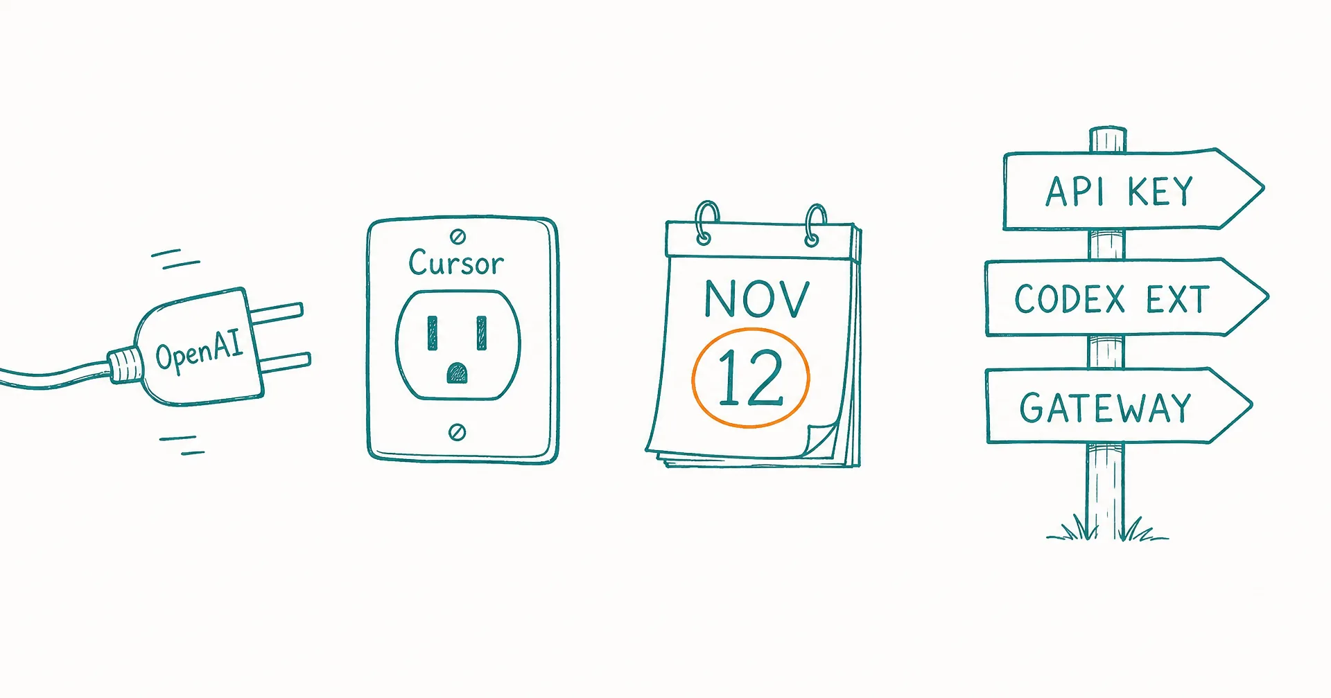 Hand-drawn sketch of a power plug labeled OpenAI pulled from a socket labeled Cursor, a calendar page reading Nov 12, and three signpost arrows labeled API key, Codex extension, and gateway