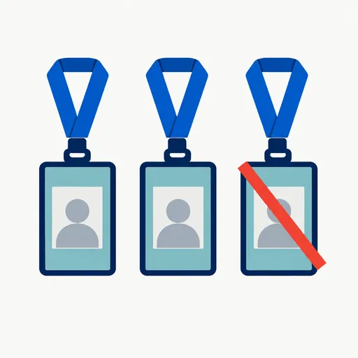 Three ID badges on lanyards, one crossed out in red: three researchers fired.