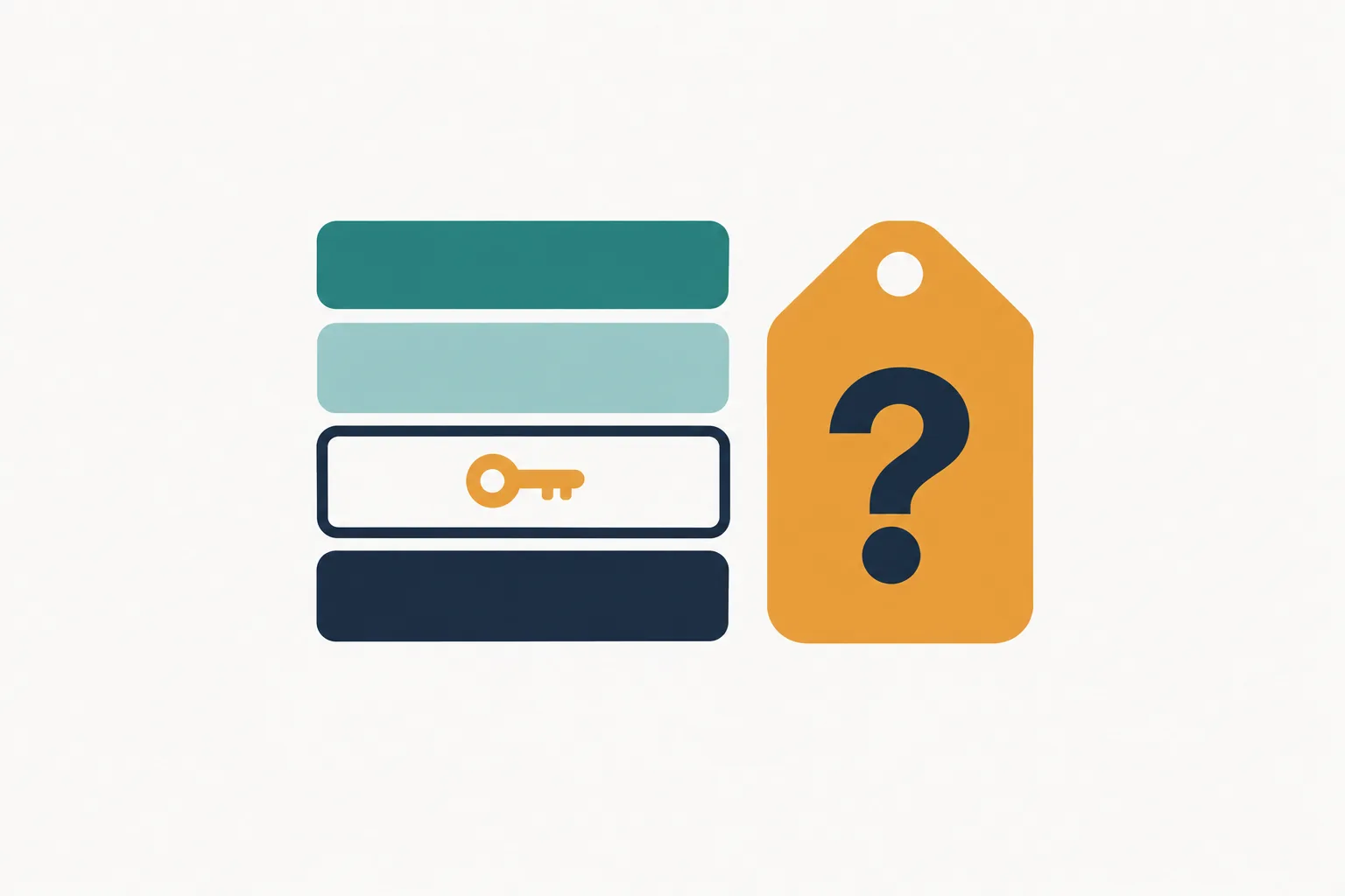 Editorial data illustration on a near-white ground: a stack of four flat bands, teal on top, then pale teal, then a navy outlined band holding a small key, then a navy base, with an amber question mark tag beside the stack