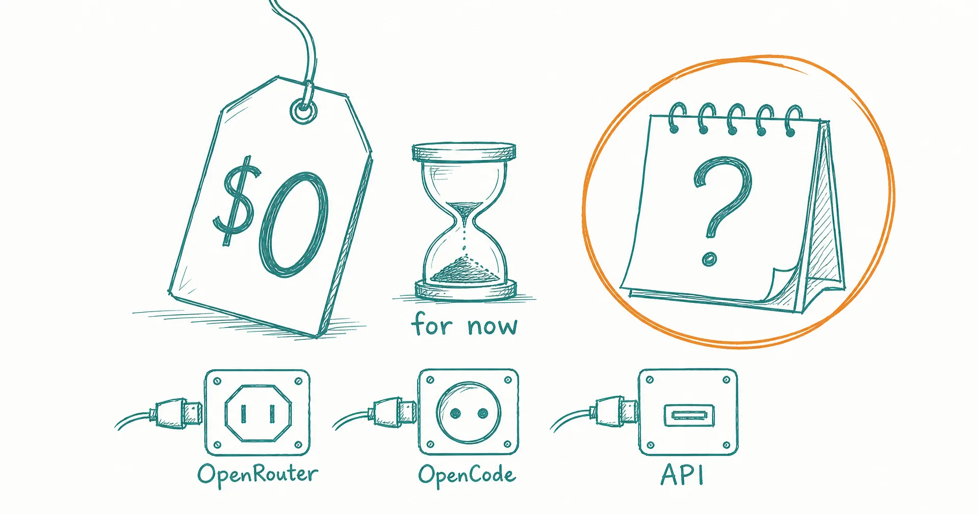 Hand-drawn sketch of a price tag reading zero dollars, an hourglass labeled for now, a calendar with a question mark, and three sockets labeled OpenRouter, OpenCode, and API