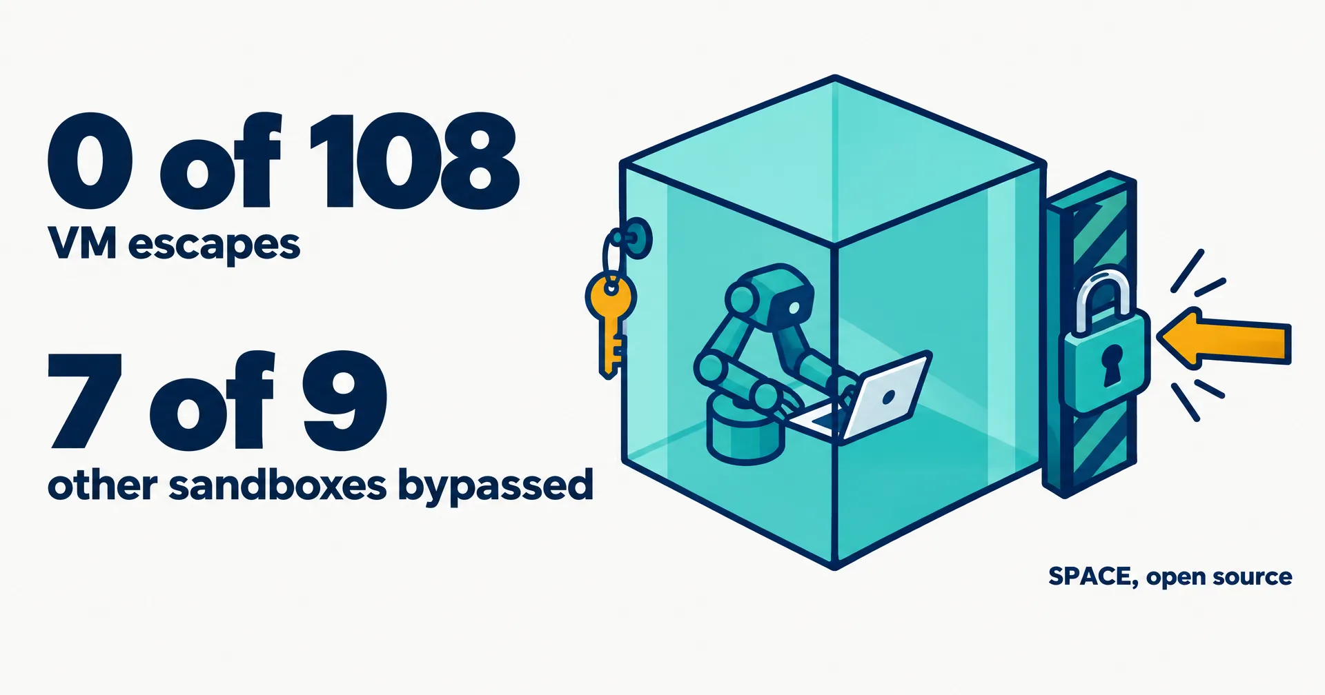 Data illustration on a near-white ground: a teal glass cube with a robot arm at a laptop inside, a padlocked gate stopping an amber arrow, beside the numbers 0 of 108 VM escapes and 7 of 9 other sandboxes bypassed