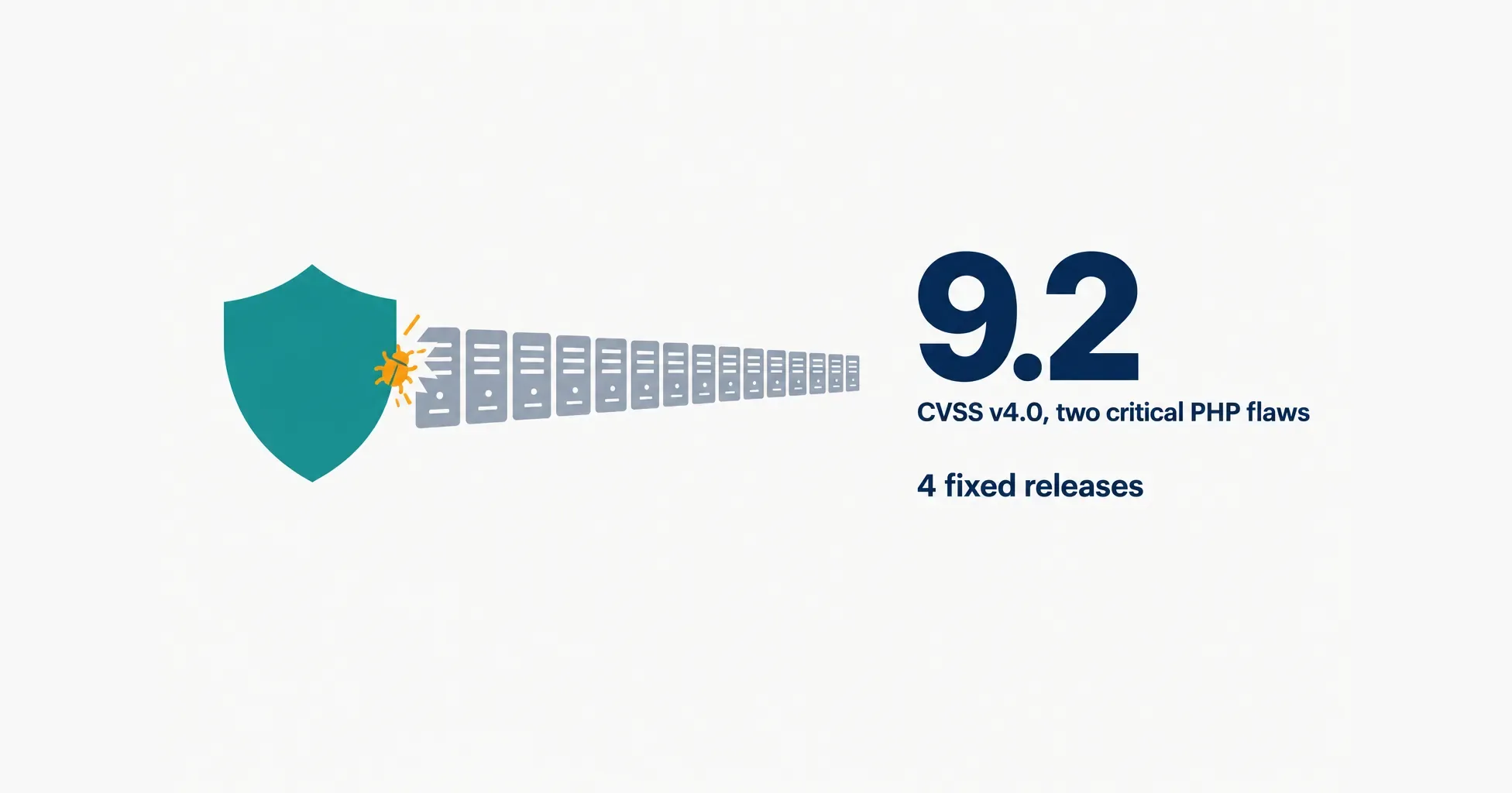 Data illustration on a near-white ground: a teal shield catches an amber bug in front of a long row of grey server icons, beside the large figure 9.2 and the lines CVSS v4.0, two critical PHP flaws, and 4 fixed releases