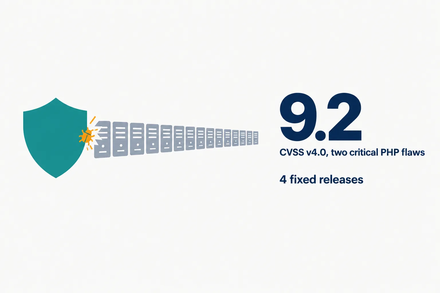 Data illustration on a near-white ground: a teal shield catches an amber bug in front of a long row of grey server icons, beside the large figure 9.2 and the lines CVSS v4.0, two critical PHP flaws, and 4 fixed releases