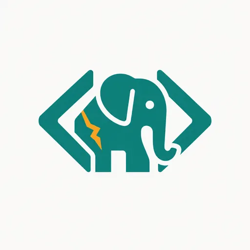 A teal elephant inside code brackets with an amber crack.