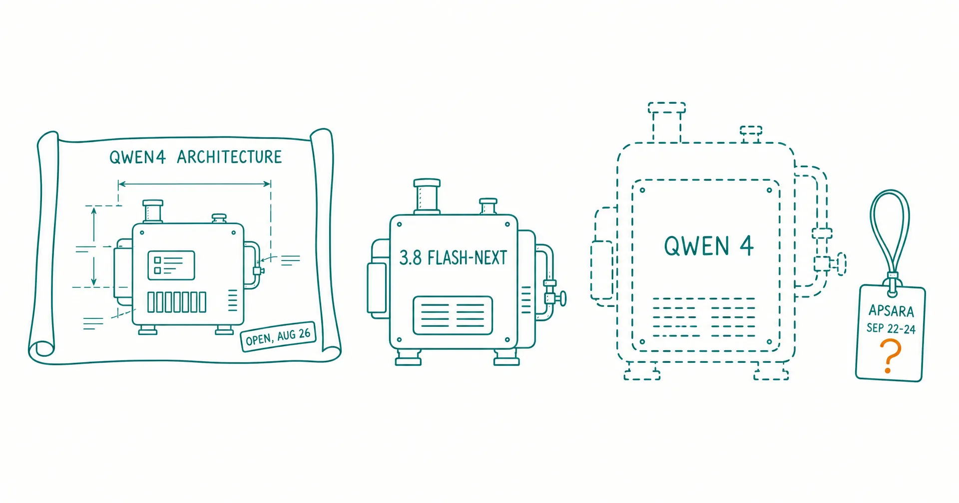 Hand-drawn sketch of an unrolled blueprint labeled QWEN4 ARCHITECTURE stamped OPEN AUG 26, a small solid engine labeled 3.8 FLASH-NEXT built from it, a much larger dashed outline of an engine labeled QWEN 4, and a conference badge reading APSARA SEP 22-24 with an amber question mark