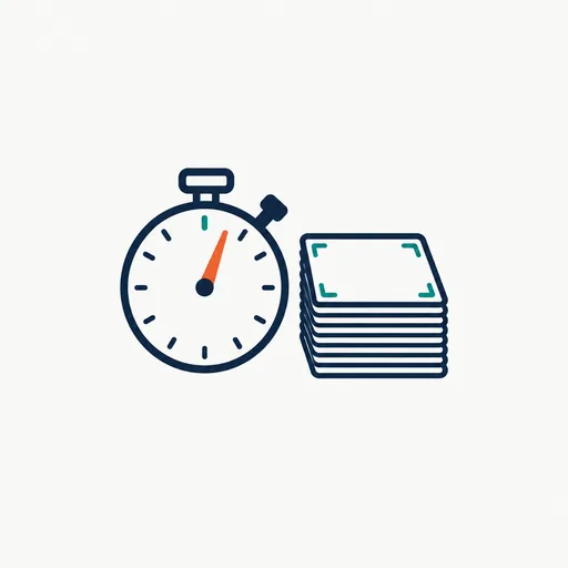 A stopwatch with an orange hand beside a stack of ten picture cards.