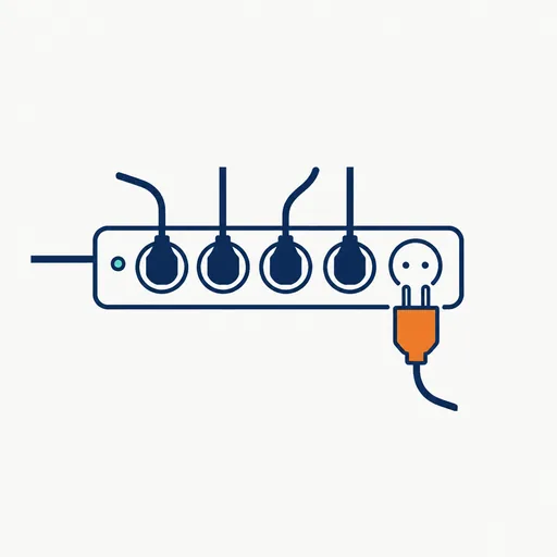 A power strip with four plugs inserted and a fifth orange plug about to go in.