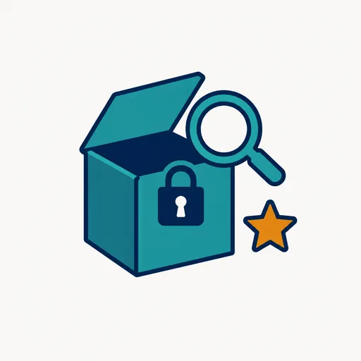 A padlocked software package being opened by a magnifying glass, with a star badge.