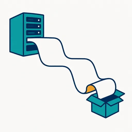 A long scroll unrolling out of a server rack into a small open box.