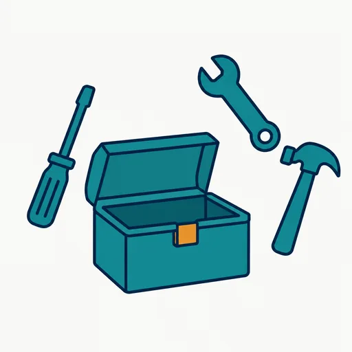 An open empty toolbox with three loose tools standing outside it.