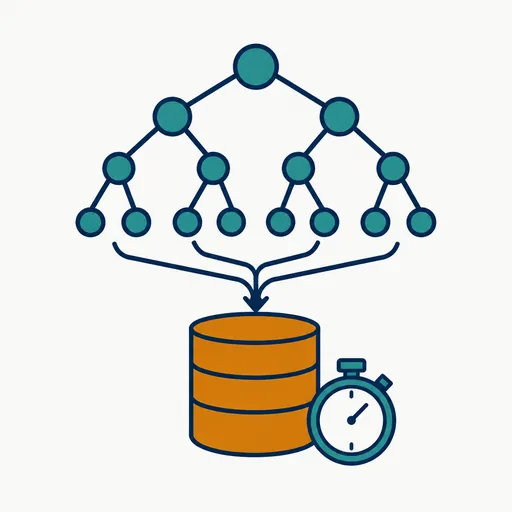 A syntax tree funnelling down into a large amber storage drum beside a stopwatch.