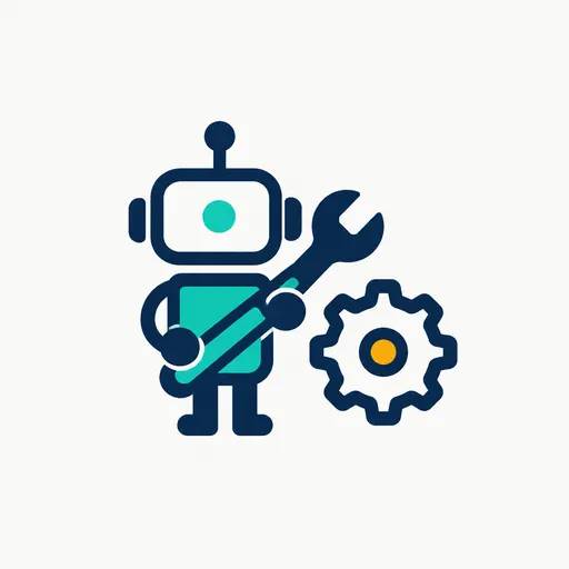 A small robot holding a wrench beside a gear.