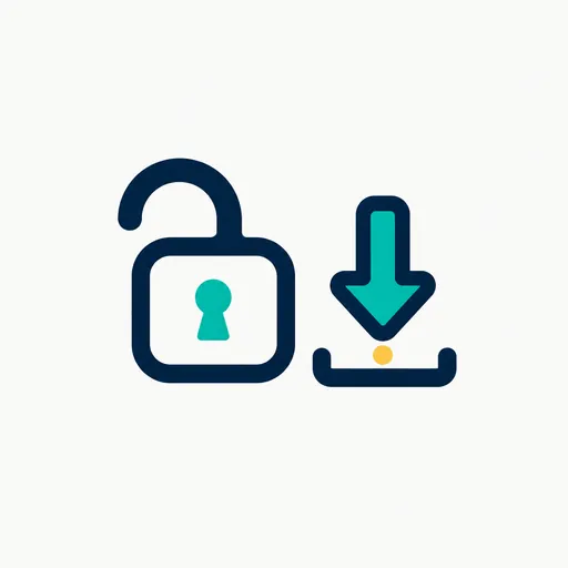 An open padlock beside a download arrow.