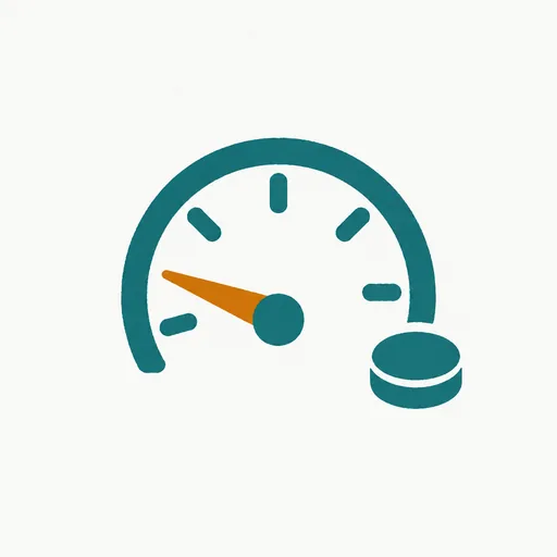 A speed gauge with the needle low beside a coin: less compute per answer.