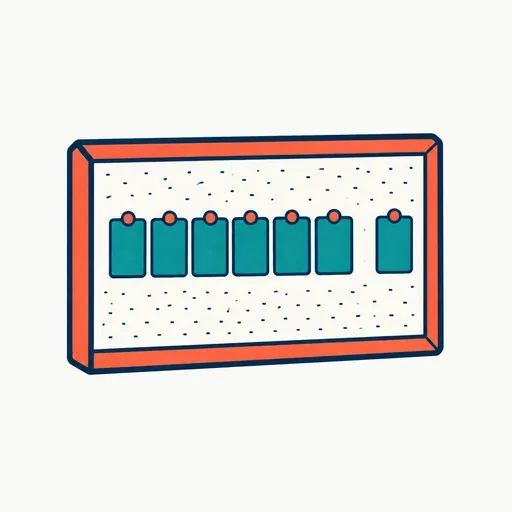 Seven small name badges pinned in a row on a board, one badge set slightly apart: the roster of named agents.