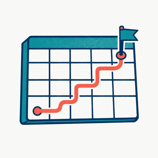 A winding path crossing a wall calendar of several weeks with a small flag planted at the far end: a goal pursued over weeks.