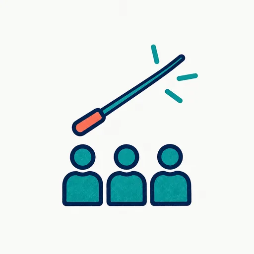 A small conductor's baton raised above three tiny figures standing in a line: several agents coordinated as one team.