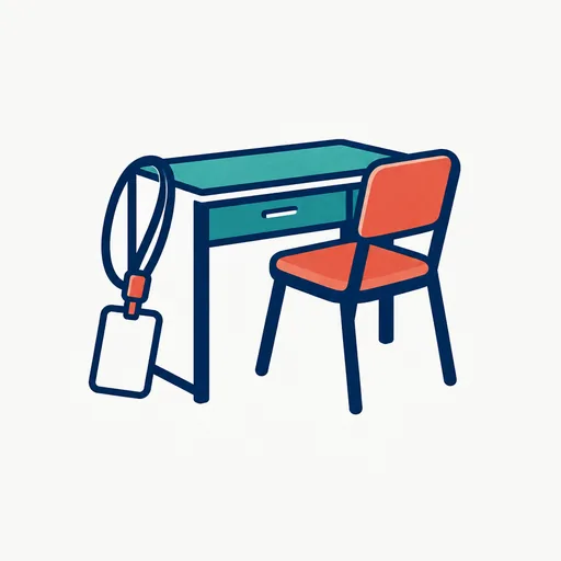 An ID badge on a lanyard resting beside a small desk with a chair: an employee with a role, not a template.