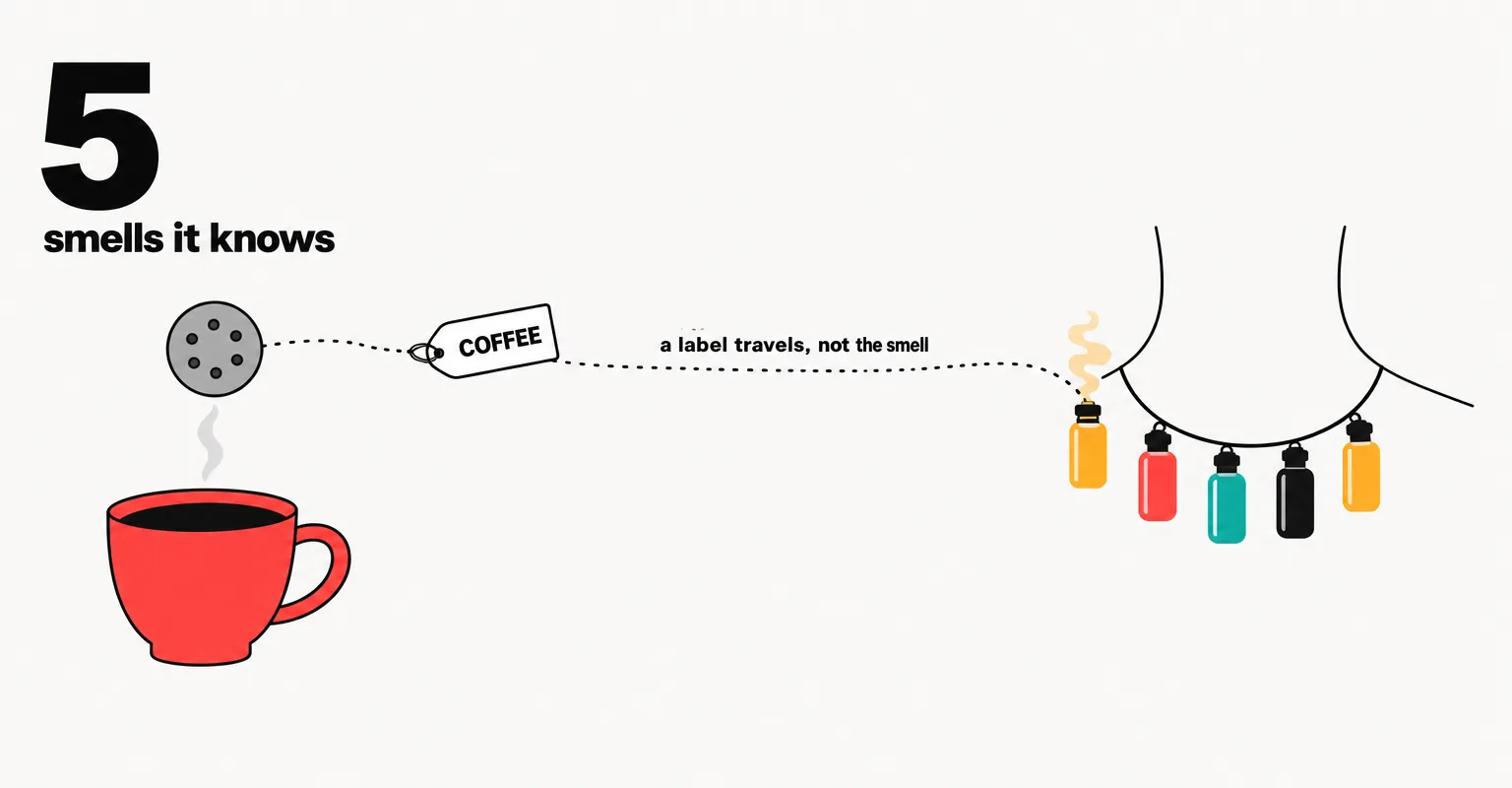 Editorial data illustration on a near-white ground: a coffee cup under a round electronic nose sends a paper tag labeled COFFEE along a dotted line to a necklace of five colored vials, one releasing mist, with a large number 5 and the words smells it knows