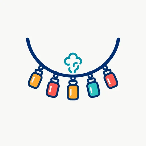 A necklace of five colored vials, one releasing mist.