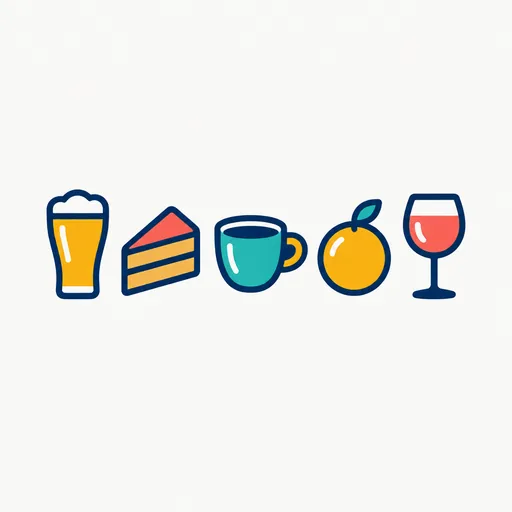 Five small icons: beer, cake, coffee, orange and red wine.