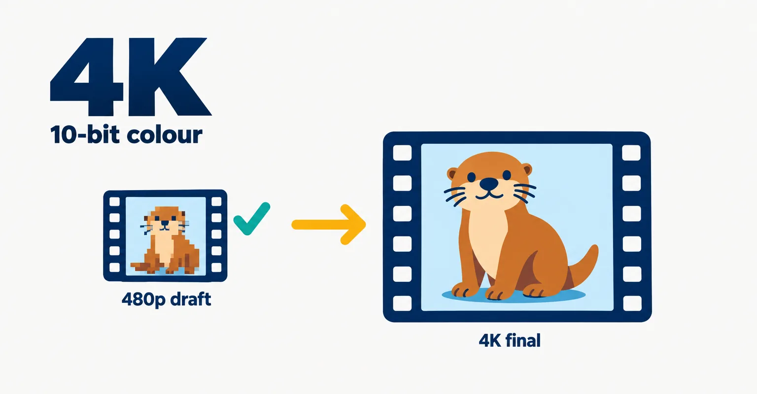 Editorial data illustration on a near-white ground: a small 480p film frame with a check mark beside a large crisp 4K frame of the same shot, with the large label 4K and the words 10-bit colour